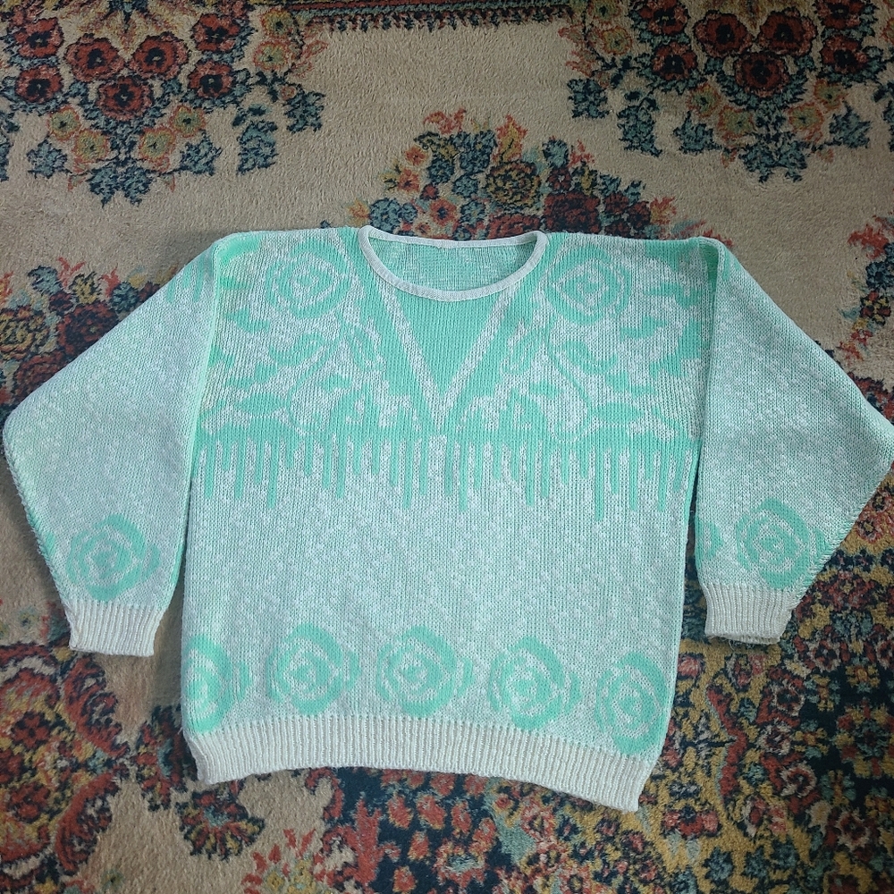 Mint Green and White Vintage Sweater